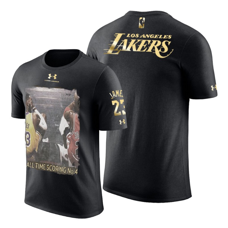 Men's Los Angeles Lakers LeBron James #23 NBA All-Time Scoring No.4 Spaced Dialogue vs Jordan Caricature Black Basketball T-Shirt OZL1183LS